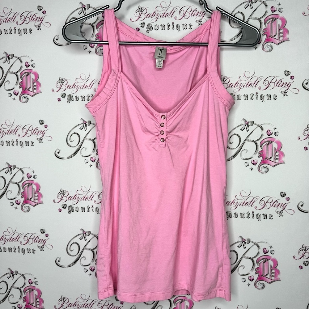 Tristan Pink Tank Top cami buttons shiny pearl finish stretchy camisole